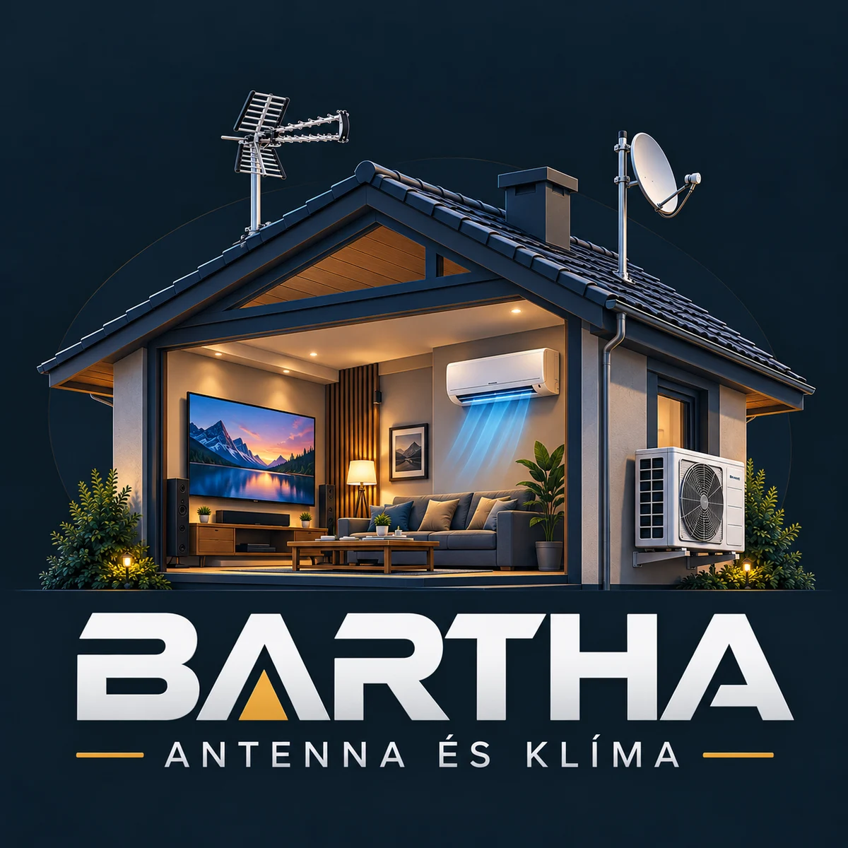 Bartha Antenna és Klíma – modern ház földi antennával, parabolaantennával és split klímával